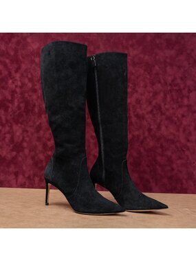 Stuart Weitzman Women 85 Pointy Toe Black Suede Fashion Party Knee Boots sz 7.5